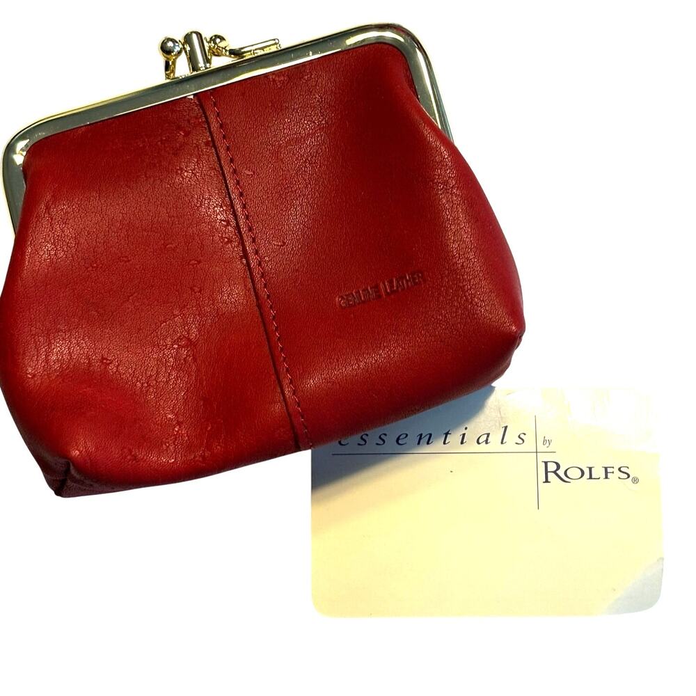 Essentials by Rolfs red leather coin purse wallet two compartment goldtone clasp